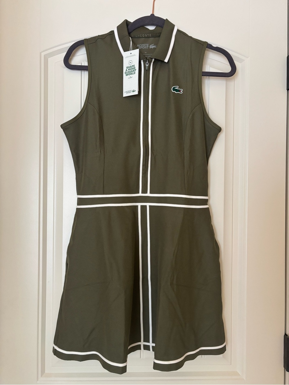 Lacoste NWT golf pickleball Olive Green sports Sleeveless Polo Dress w/pockets
